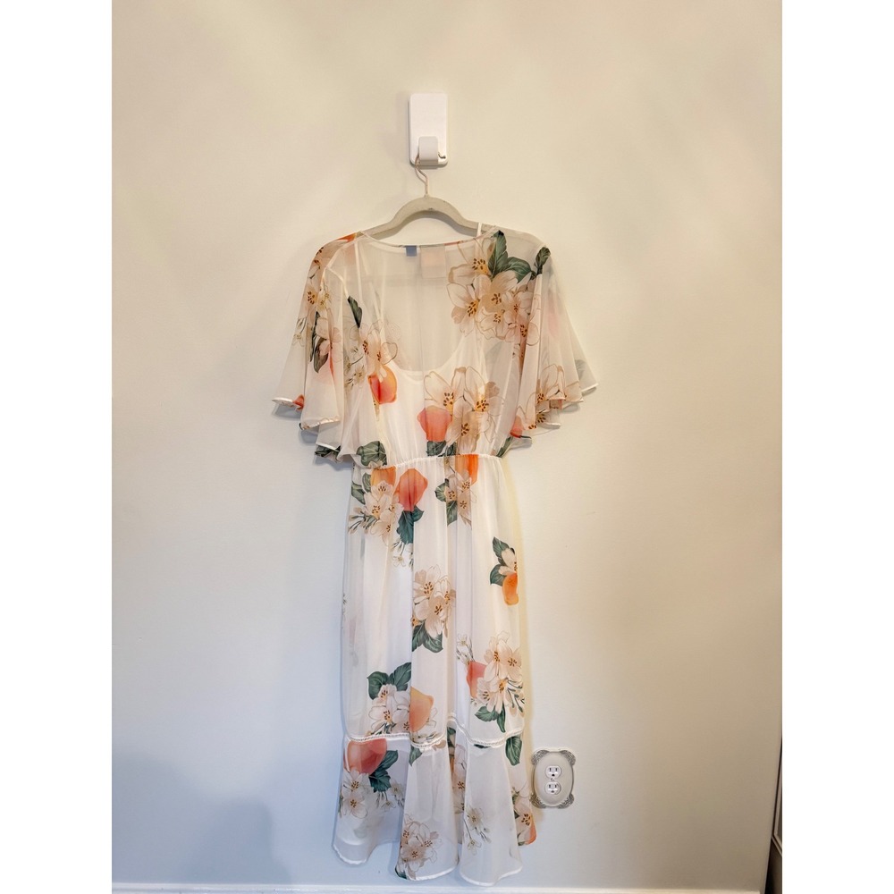 Farm Rio x Anthropologie Eloisa Peach Floral Midi Dress Flutter Sleeve White Sm - Picture 9 of 9
